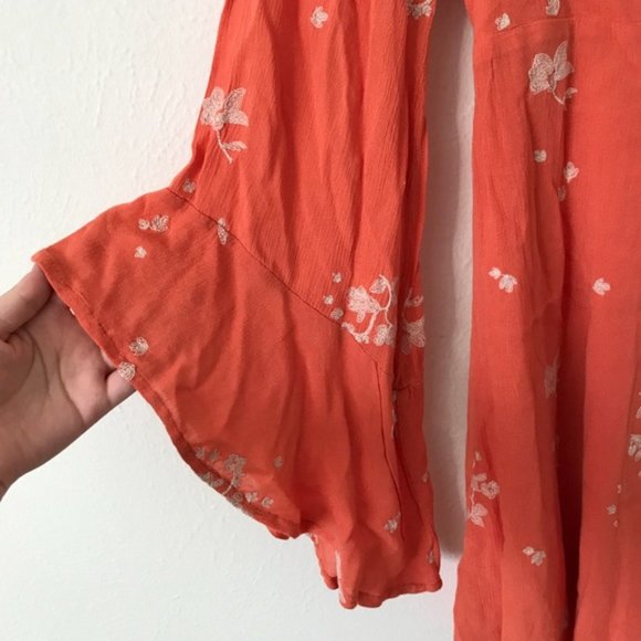 New Free People Jasmine embroidered faux wrap surplice trumpet sleeve mini dress - Picture 12 of 16